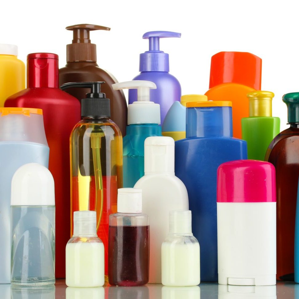 A lot of different cosmetic products for personal care isolated on white